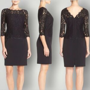 Adrianna Papell Dress Womens 8 Black Lace Overlay Floral Patterns‎ 3/4 Sleeves